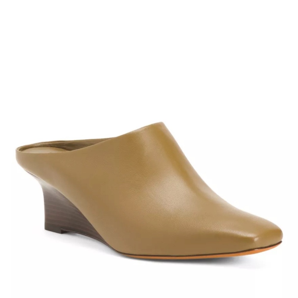 Vince Leather Benita Square Toe Slip On Clog Wedge Heel Pumps Cypress
